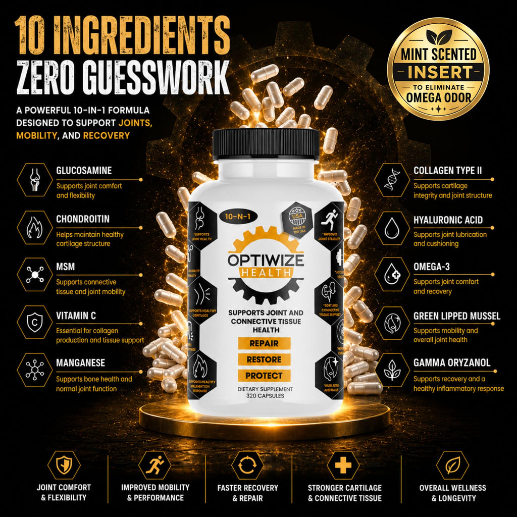 OptiWize 10-in-1 Joint Support Supplement, 320 Capsules | Glucosamine, Chondroitin, MSM, Type II Collagen, Hyaluronic Acid, Green Lipped Mussel & Omega-3, Mobility & Flexibility