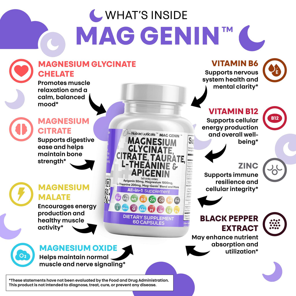 Clean Nutraceuticals Magnesium Glycinate Complex 1000mg with L-Theanine 200mg Apigenin 50mg Citrate Taurate Supplement (60 Count (Pack of 2))