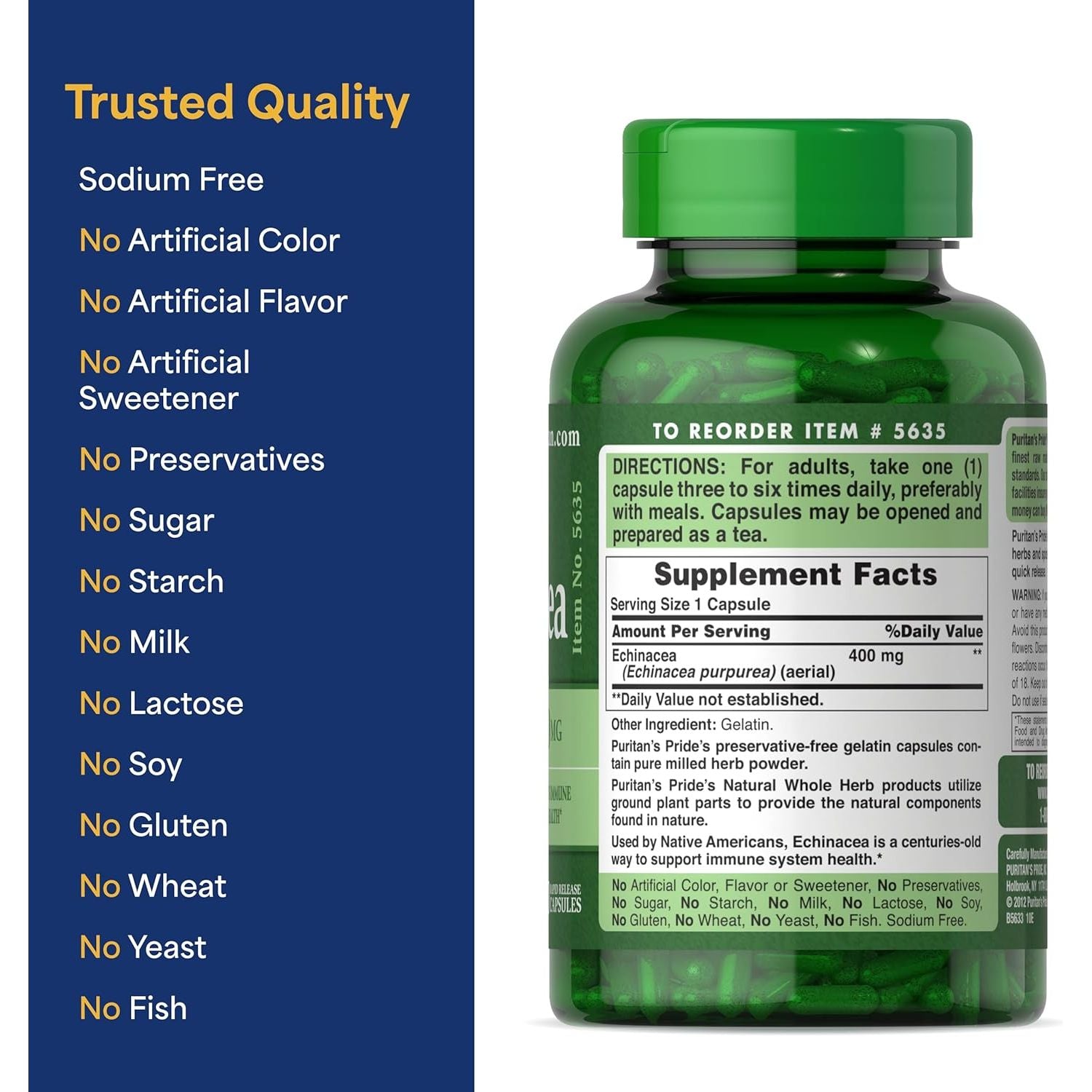 Buy now Puritan's Pride Premium Echinacea Natural Whole Herb Herbal Supplement 400mg, Dietary Supplement for Health, Immune System Support, 200 Rapid Release Capsules at indiglob india