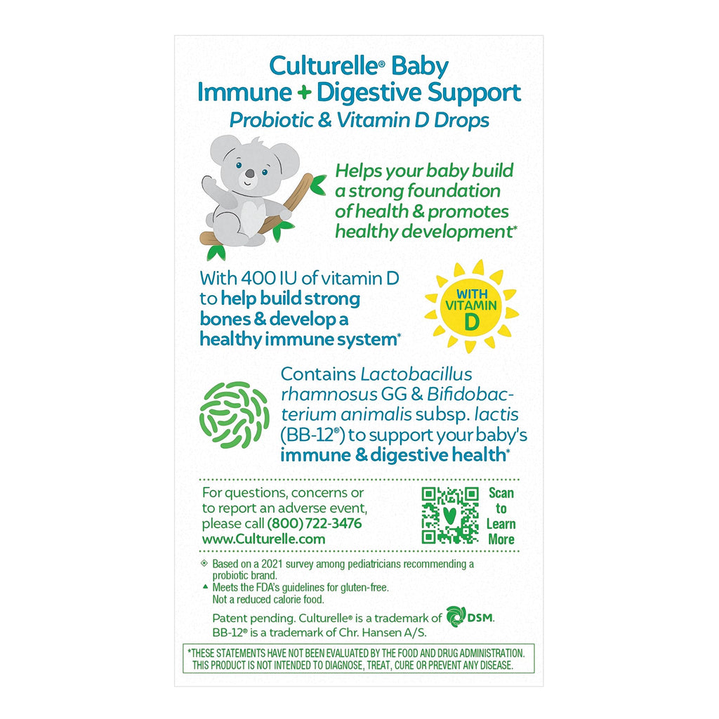 Culturelle Baby Probiotic Drops + Vitamin D, Immune & Digestive Health* 9ml | Lactobacillus rhamnosus GG & Bifidobacterium lactis BB-12® Strains, 5-Drop Dose, 100% AAP Daily Vitamin D, Ages 0-12 Mos