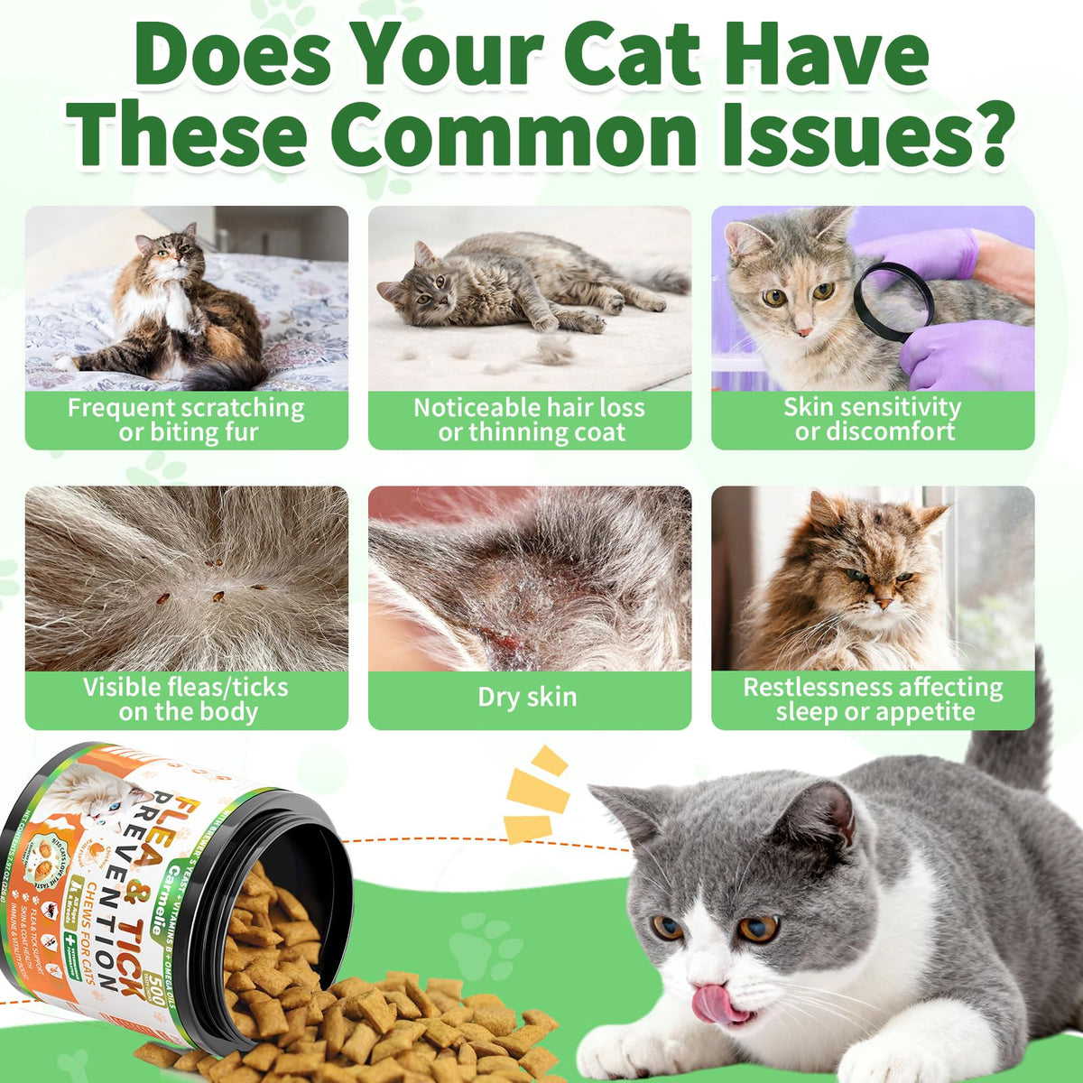 Carmelie Flea and Tick Prevention for Cats Chewables, 500 Crunchy & Creamy