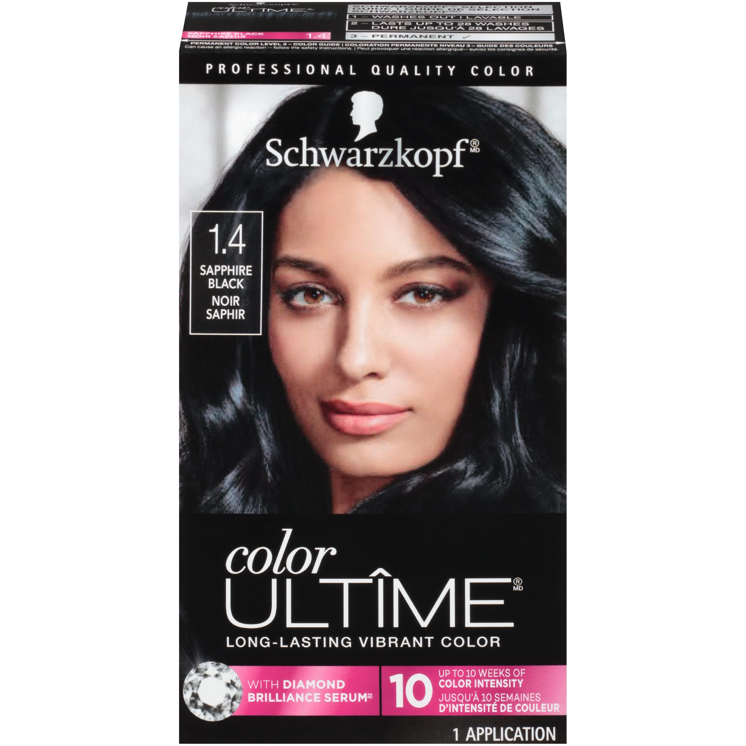 Schwarzkopf Color Ultime 1.4 Sapphire Black Hair Dye, Permanent Intense Black with Diamond Brilliance, Fade-Resistant, Covers Grays, All Hair Textures (Pack of 2)