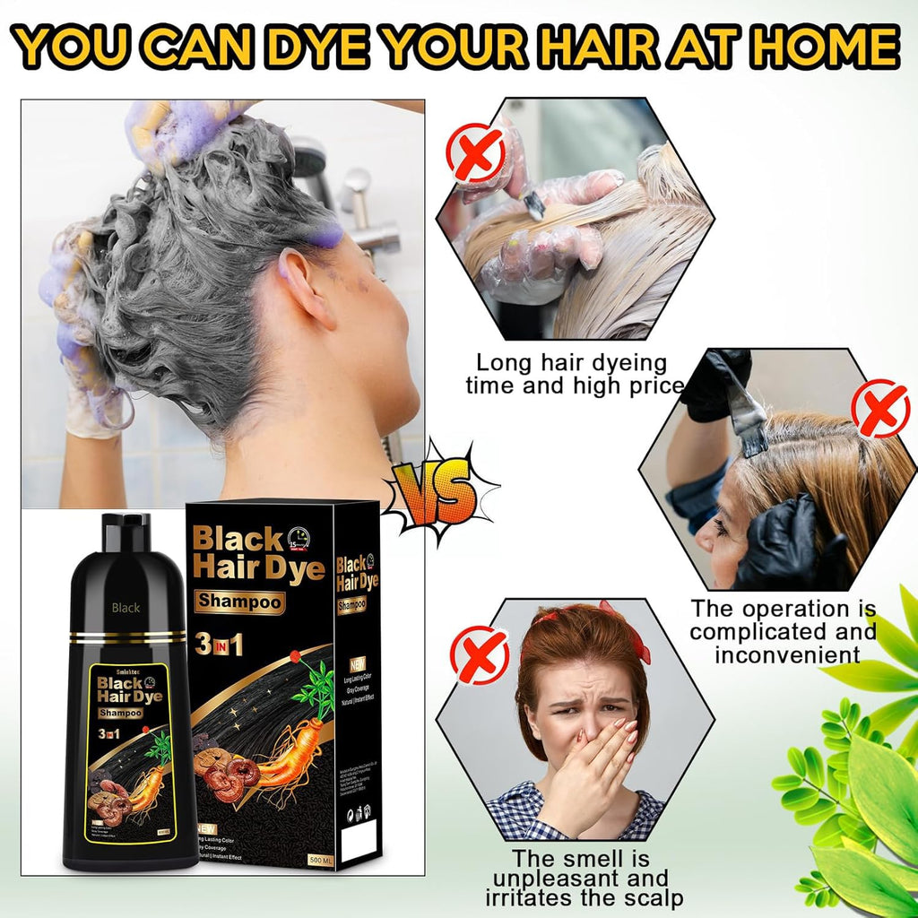 Sminktec Hair Dye Shampoo 3 in 1 for Gray Hair, Herbal Ingredients Natural Shampoo Hair Dye for Women Men (Black)