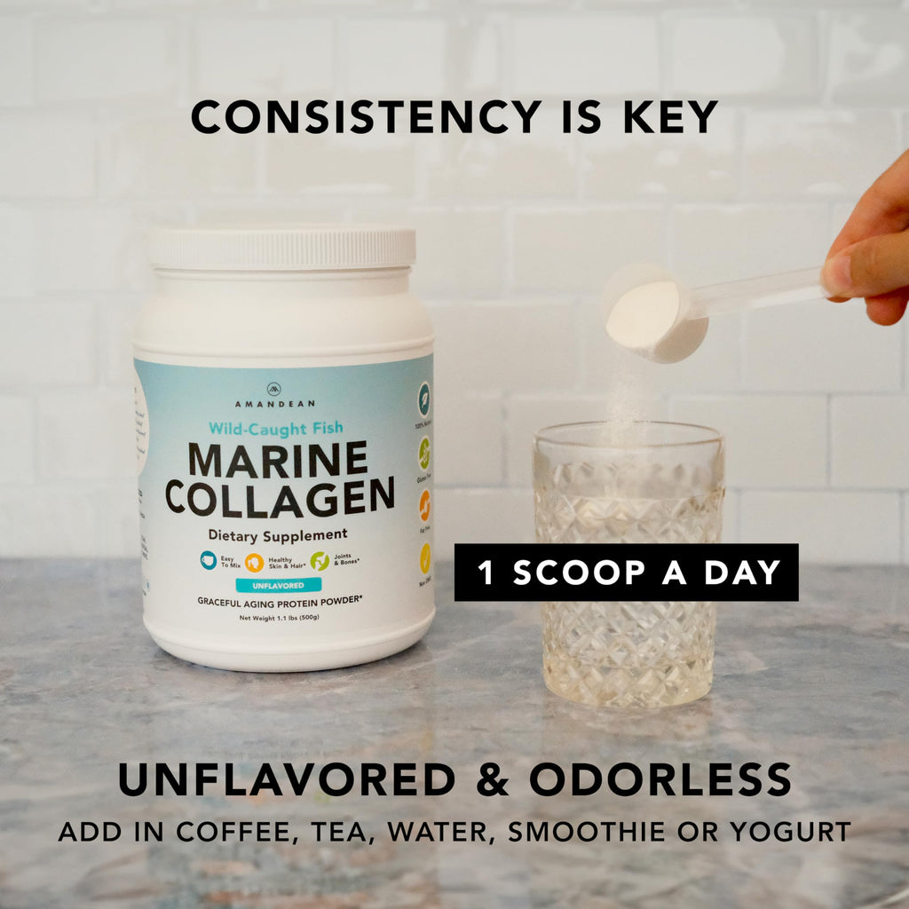 AMANDEAN Marine Collagen Peptides Powder, Wild-Caught Fish Collagen, 500g | Double-hydrolyzed wild-caught fish collagen; 50 servings; skin, hair, nails