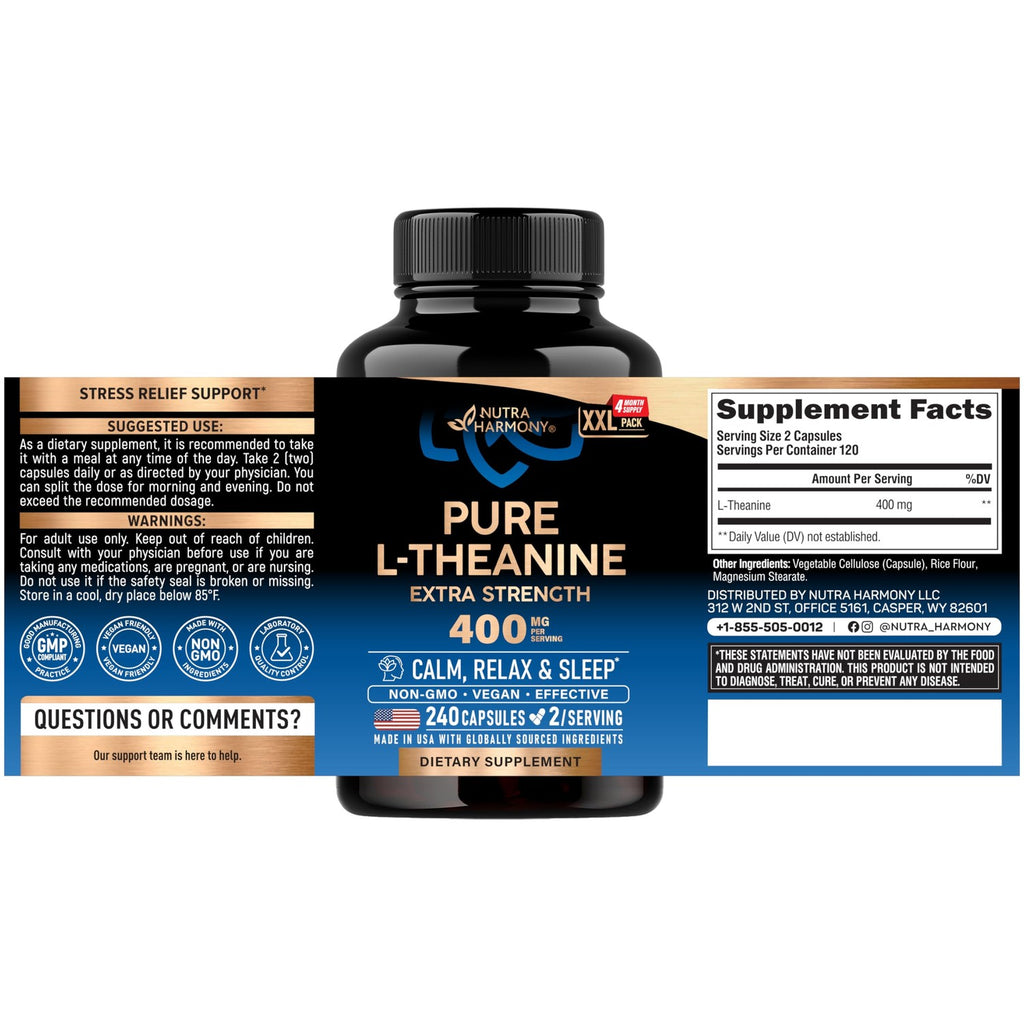 L-Theanine 400 mg - L Theanine for Stress Relief - Plant Based - 240 Caps | Extra Strength L Theanine Supplement for Men & Women - Relaxation, Sleep & Calm Support - Lab Tested, Vegan, Non-GMO