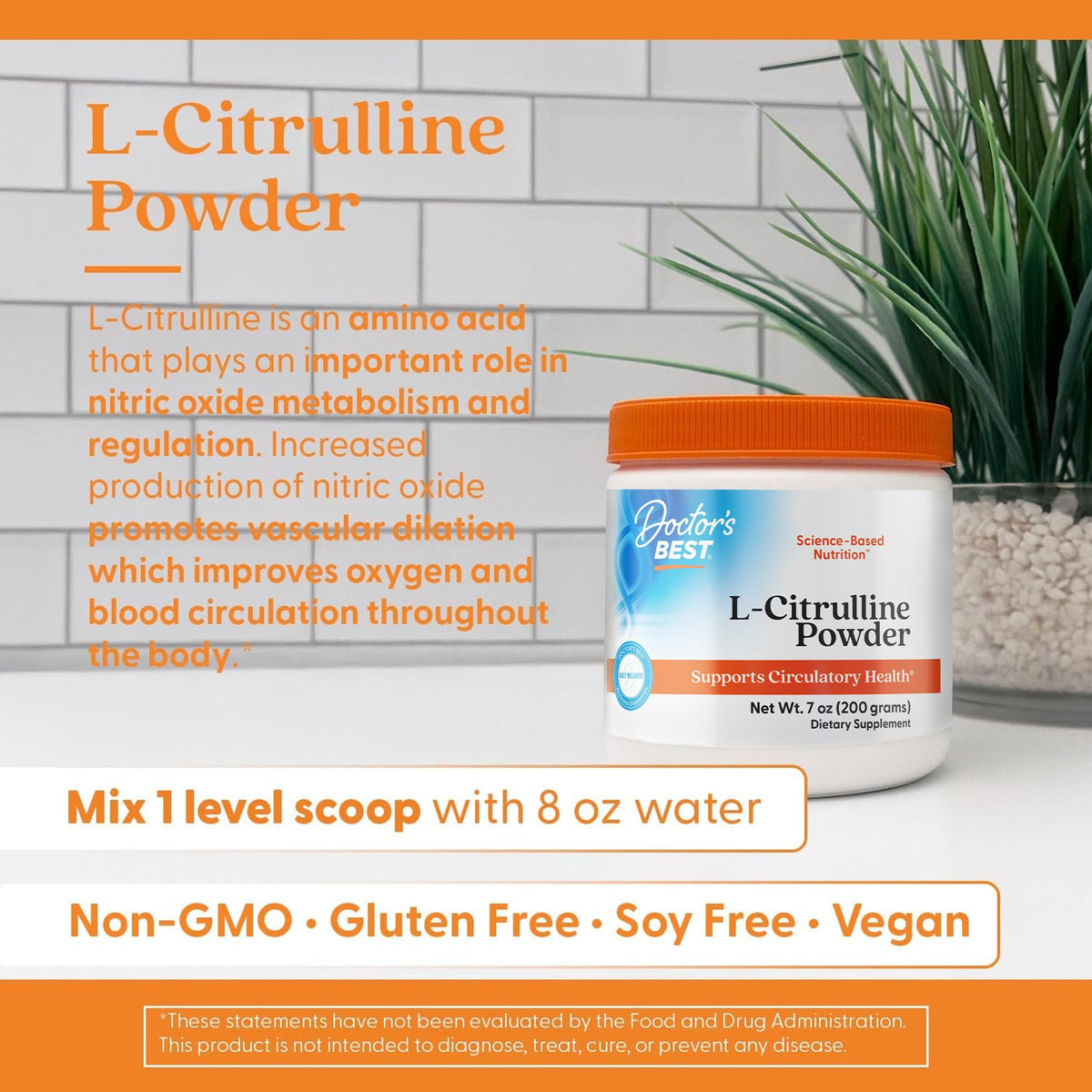 Doctors Best L-Citrulline Powder, Nitric Oxide Metabolism Support, 7 oz