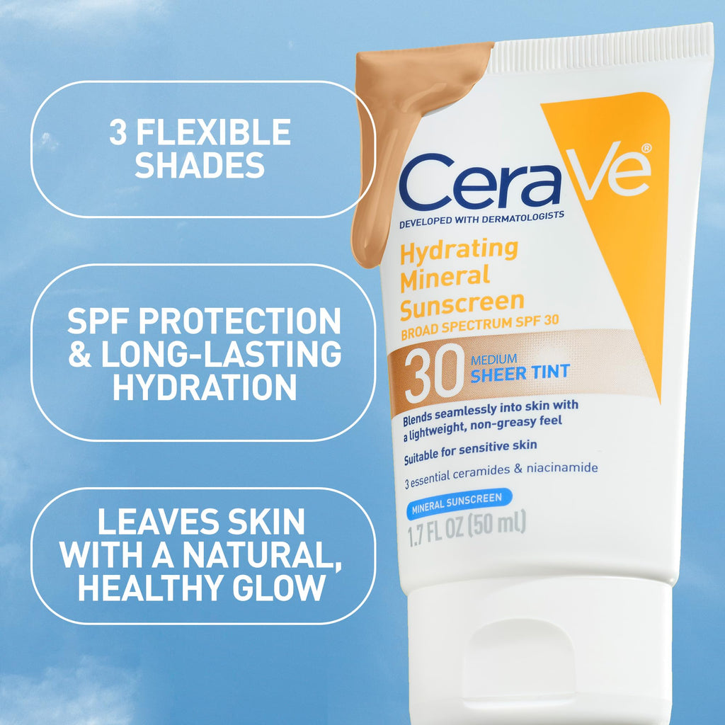 CeraVe Tinted Sunscreen for Face, Mineral SPF 30 Moisturizer, Medium, 1.7oz | Skin Care, Face Sunscreen, Hyaluronic Acid, Zinc Oxide, Titanium Dioxide, Sheer Tint, Healthy Glow, Blends Seamlessly
