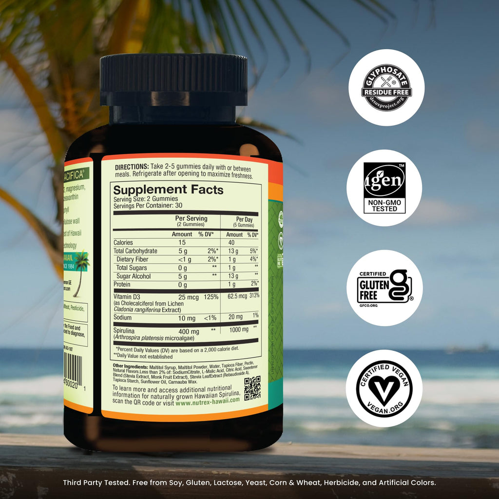 Nutrex Hawaii Pure Hawaiian Spirulina Gummies, Sugar-Free, Vegan, 60 Count | Spirulina Farm Grown in Kona, Hawaii, Superfood Supplement w/ Vitamin D3, Non-GMO, Glyphosate Residue Free, 3rd Party Tested