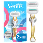 Gillette Venus Extra Smooth Sensitive Gold Women's Razor Handle + 2 Blade Refills, includes Shower Holder