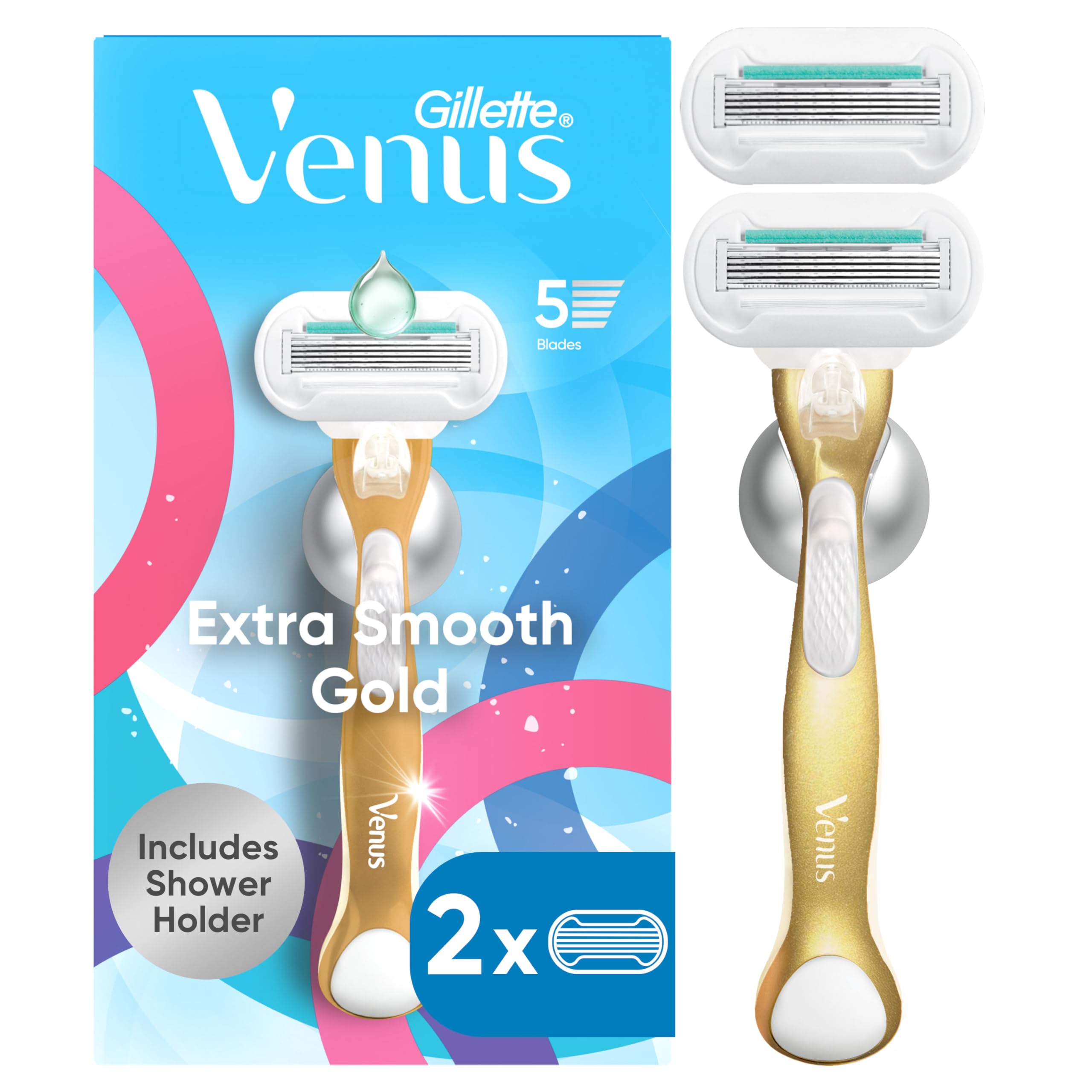 Gillette Venus Extra Smooth Sensitive Gold Women's Razor Handle + 2 Blade Refills, includes Shower Holder
