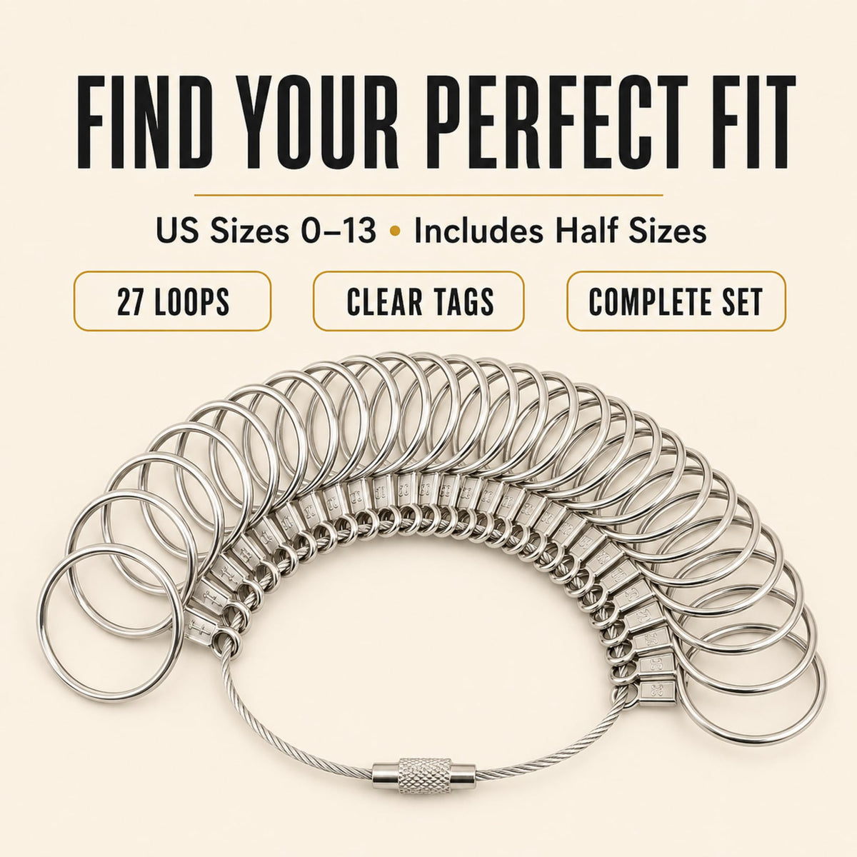 Ring Sizer Measuring Tool Stainless Steel Finger Rings Gauge 0-13 Sizing Measuring with Half Size 27 Pcs