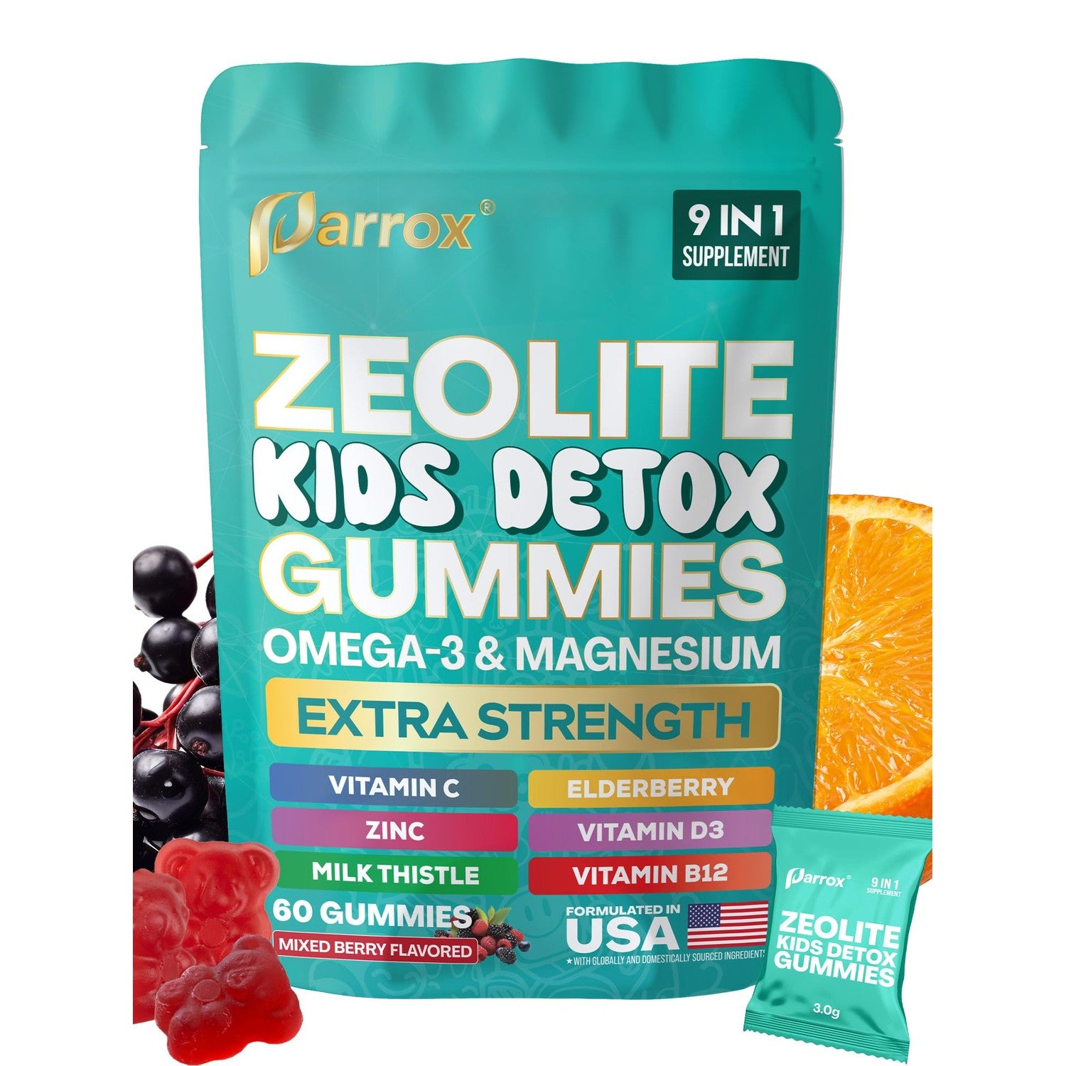Zeolite Kids Detox Gummies, 9-in-1 Sugar-Free, Mixed Berry, 2 Pack | Extra Strength with Zeolite, Omega-3, Magnesium, Elderberry, Vitamin C, Milk Thistle, Vitamin D3, Zinc, B12