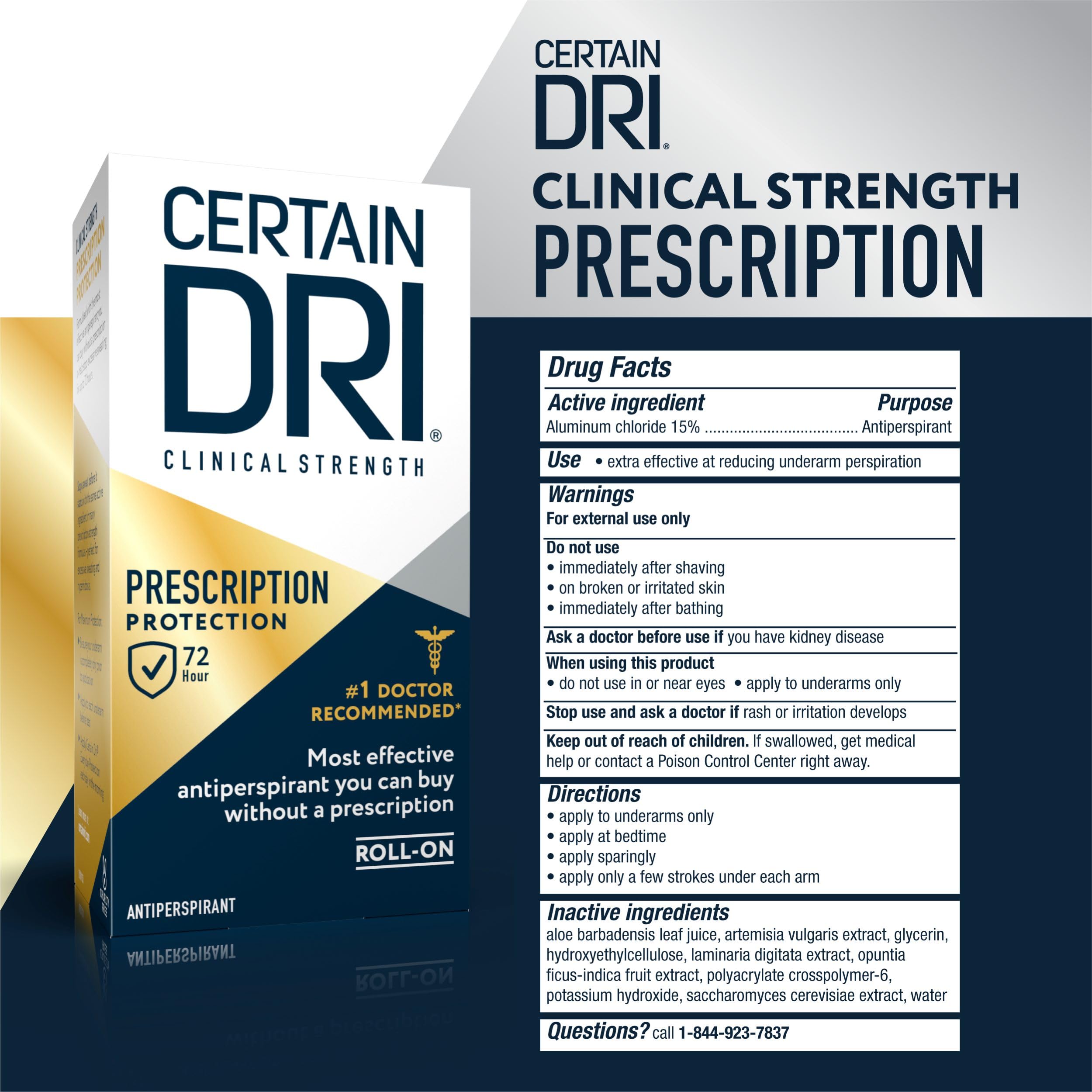 Certain Dri Prescription Strength Clinical Antiperspirant Roll-On, 1.2 oz | 72-Hour Sweat & Odor Protection for Excessive Sweating & Hyperhidrosis, 15% Aluminum Chloride, Fragrance-Free