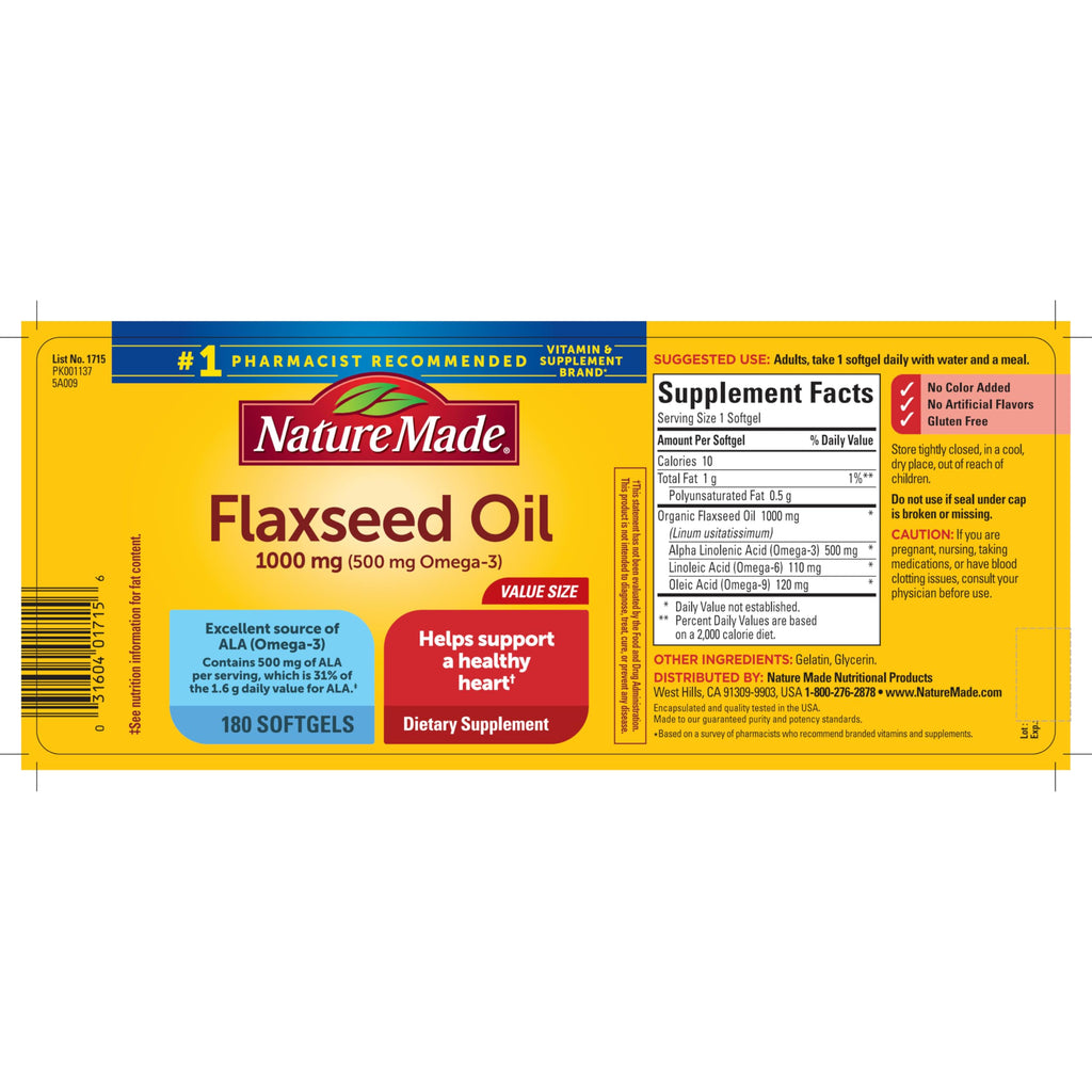 Nature Made Flaxseed Oil 1000 mg Softgels, 180 Softgels | Fish Free Omega 3 Supplement, Dietary Supplement for Heart Health Support, 180 Day Supply