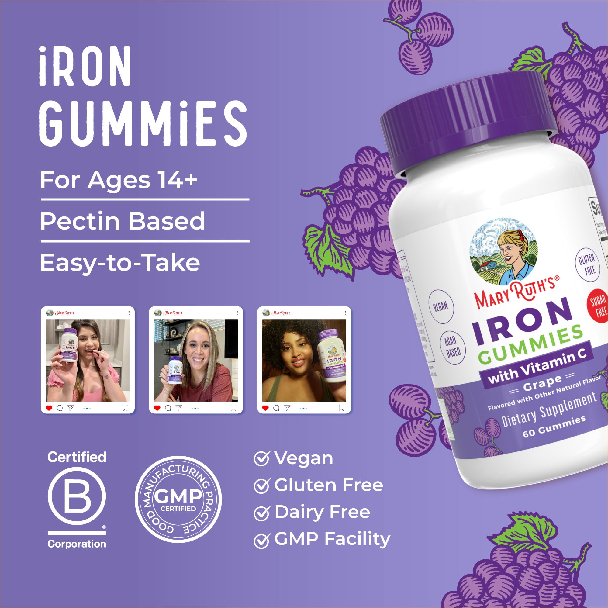 MaryRuth's Iron Gummies for 14+ with Vitamin C for Absorption | Sugar Free | Gummy Iron Supplement + VIT C | Energy Metabolism | Cellular Health | Immune Support | Vegan | Non-GMO | 60 Count | Sugar Free, Vegan, Cellular Health