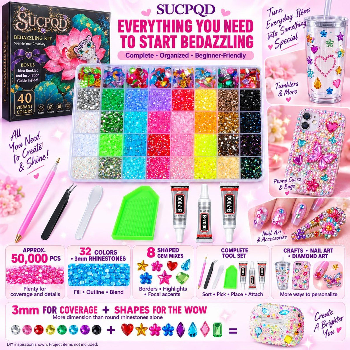 Bedazzling Kit, 3mm Rhinestones, 40 Colors, 8 Accent Gem Shapes
