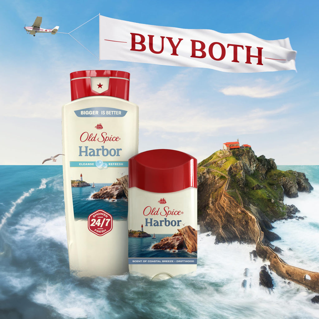 Prominently featured Old Spice Harbor antiperspirant and deodorant with nautical backdrop and promotional banner. Clean, refreshing scent.