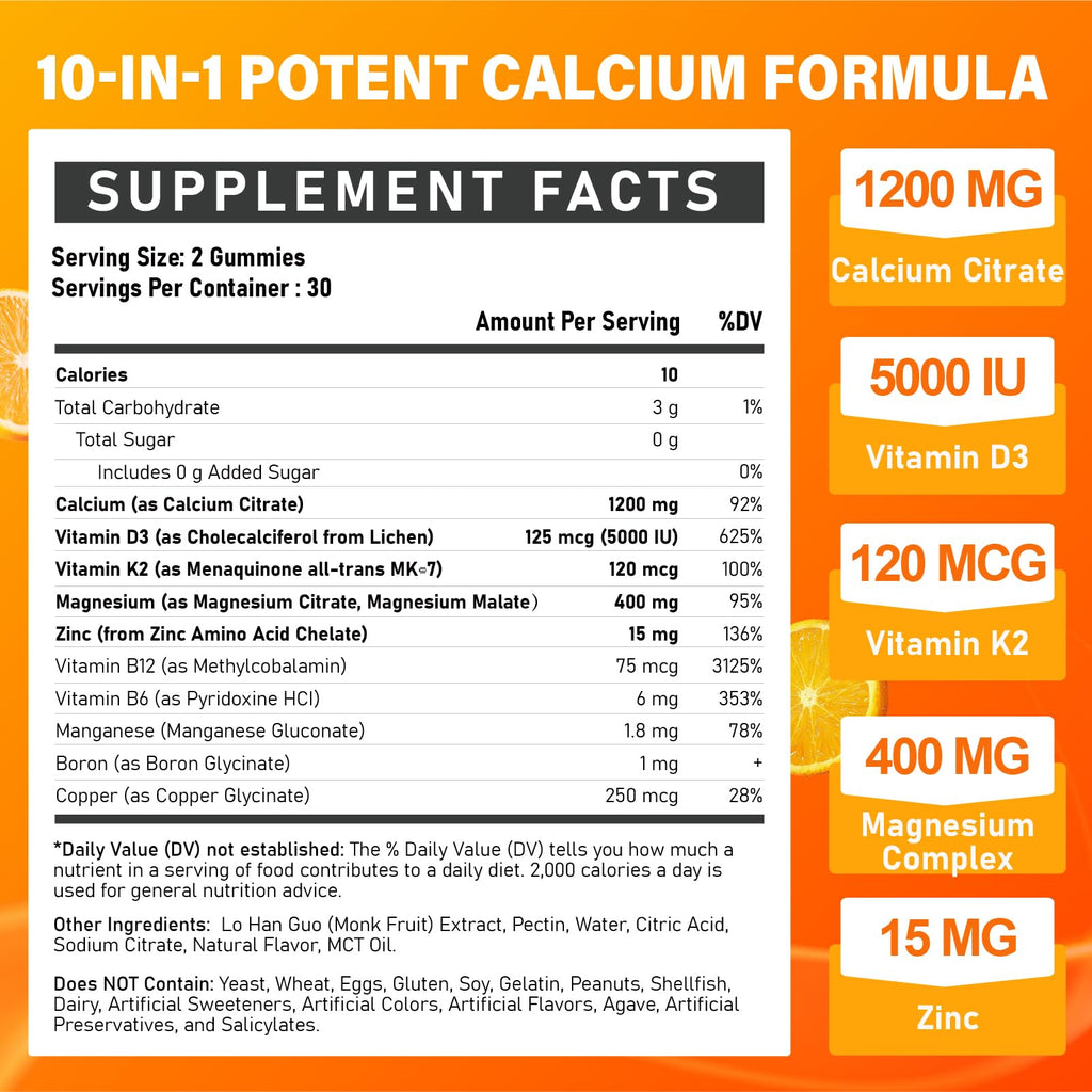 Calcium 1200 mg with Vitamin D3 for Adults - Calcium Supplement Gummies | with 5000iu Vitamin D3, K2, B6, B12, Magnesium & Zinc for Women Men - Easy to Digest, Vegan, Sugar Free, 120 Gummeis