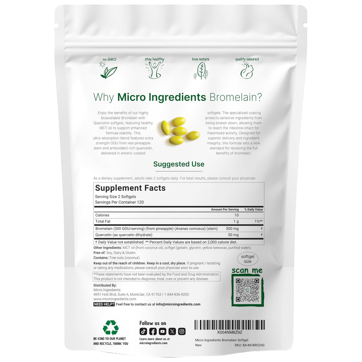 Bromelain 500mg with Quercetin & MCT Oil, 240 Enteric Coated Softgels | Ultra Absorption Bromelain Supplement | Natural Digestive Enzymes for Digestion & Joint Health | Non-GMO, Gluten Free