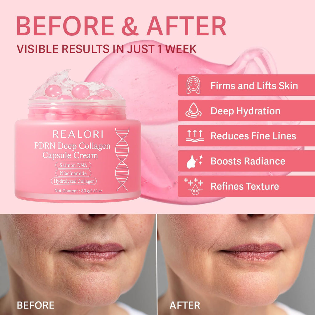 realori PDRN Capsule Cream with Vitamin C & Collagen – Korean Boba Moisturizer for Face, Pink Jelly Cream for Deep Hydration, Skin Repair, and Glow – Korean Skincare Gel for All Skin Types