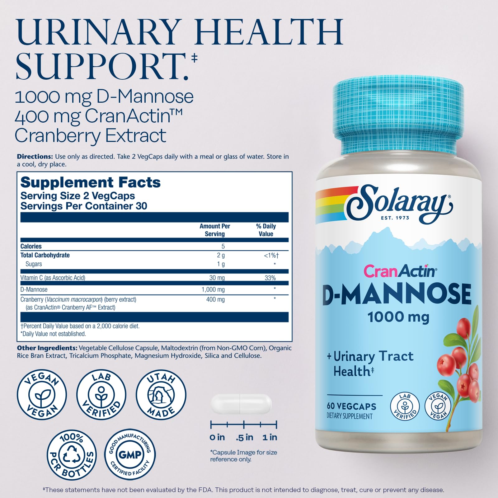 SOLARAY D-Mannose with CranActin Cranberry 400 mg, 60 VegCaps | Urinary Tract & Bladder Support - D-Mannose, CranActin Cranberry & Vitamin C - 30 Servings - Vegan, Lab Verified
