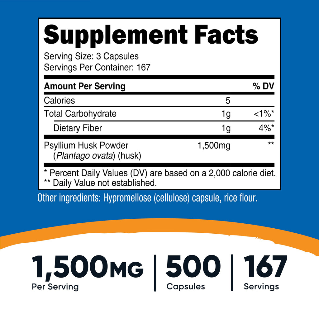 Nutricost Psyllium Husk 1500mg, 500 Capsules, Gluten Free, GMO-Free
