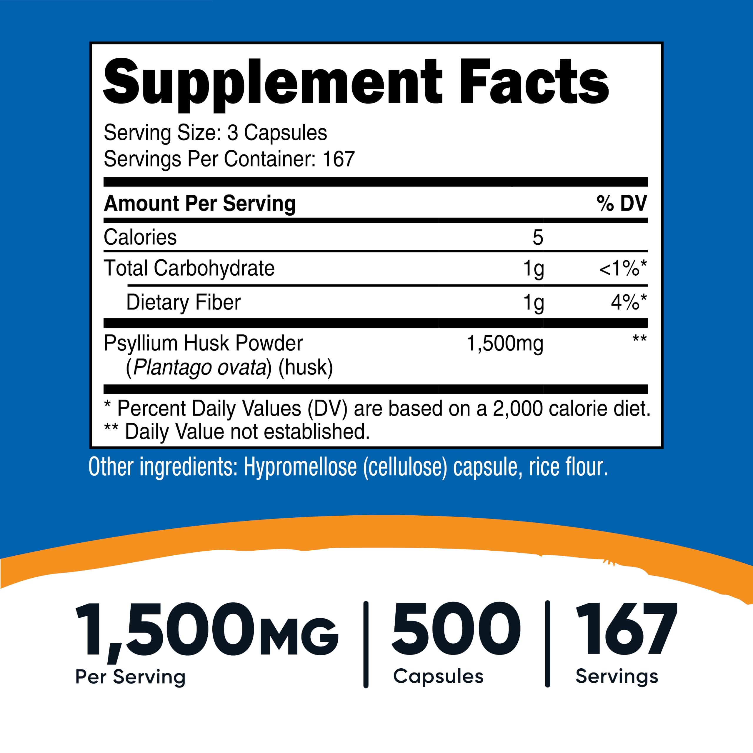 Nutricost Psyllium Husk 1500mg, 500 Capsules, Gluten Free, GMO-Free