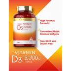 Carlyle Vitamin D3 5000 IU Softgels | 500 Count | Value Size | Non-GMO and Gluten Free Supplement | High Potency Formula | 125mcg