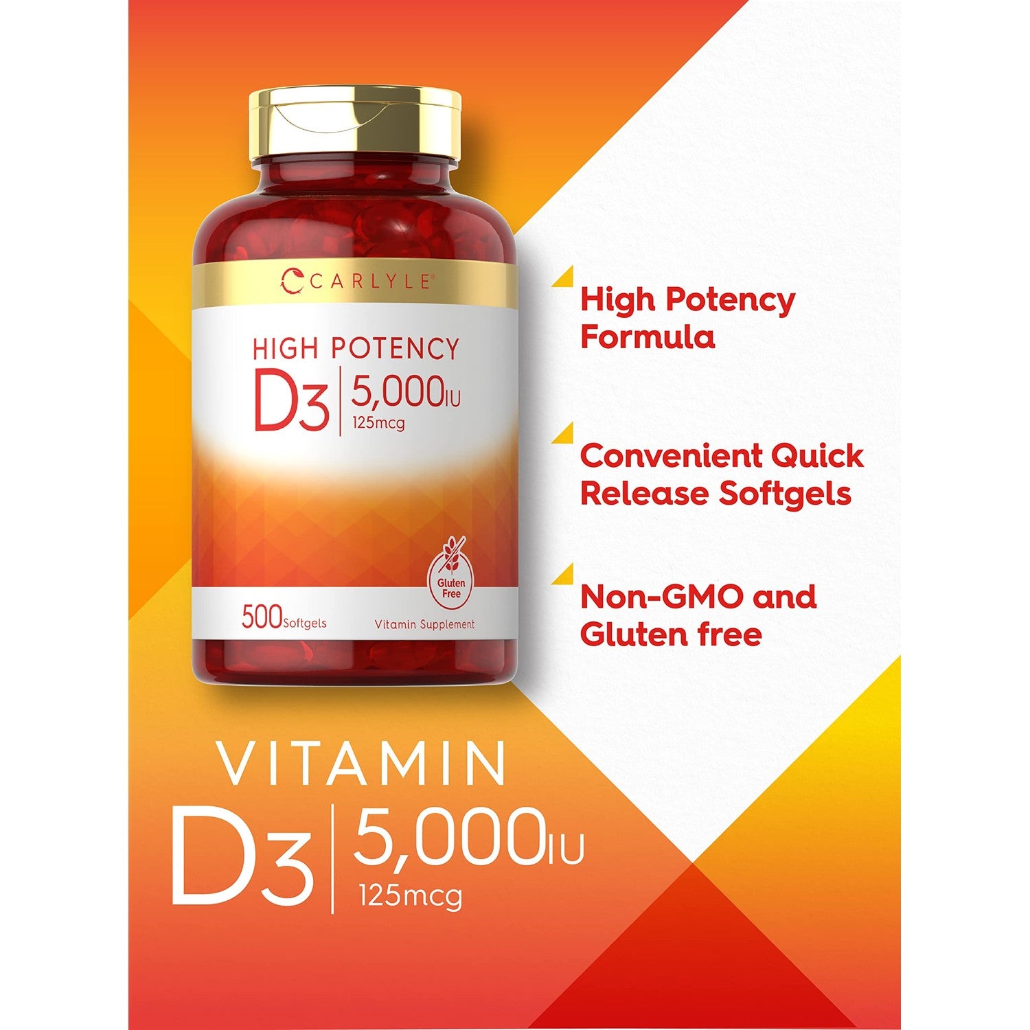 Carlyle Vitamin D3 5000 IU Softgels | 500 Count | Value Size | Non-GMO and Gluten Free Supplement | High Potency Formula | 125mcg