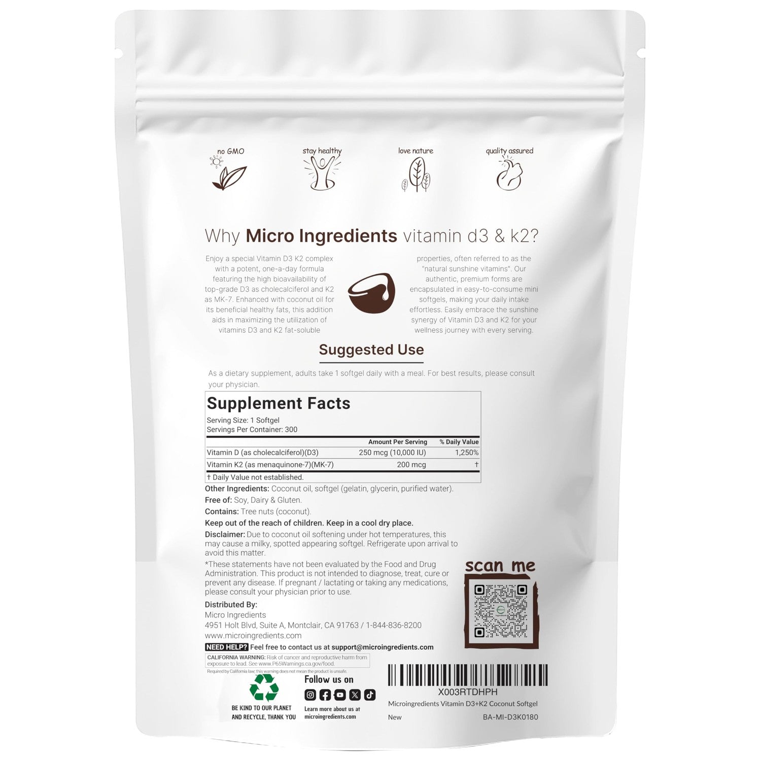 Micro Ingredients Vitamin D3 K2 MK-7 10,000 IU Per Serving, 300 Softgels | Made with Virgin Coconut Oil, K2 200 mcg Per Serving. D3 & K2 Vitamin Supplement. Easy-to-Swallow. Non-GMO, Gluten Free.