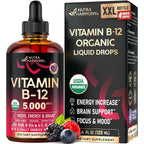 USDA Organic Vitamin B12 Sublingual Drops - Methylcobalamin 5000 mcg - 2 Oz | Vitamin B12 for Women & Men - Energy Boost, Focus & Brain Support - Bioavailable - Berry Flavor, Sugar-Free - 60-Day Supply