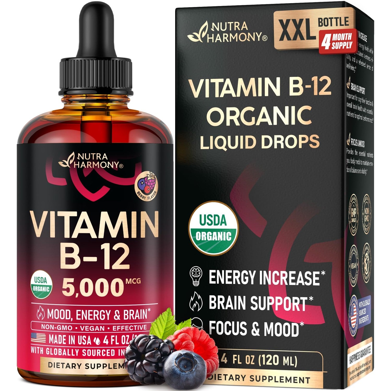 USDA Organic Vitamin B12 Sublingual Drops - Methylcobalamin 5000 mcg - 2 Oz | Vitamin B12 for Women & Men - Energy Boost, Focus & Brain Support - Bioavailable - Berry Flavor, Sugar-Free - 60-Day Supply