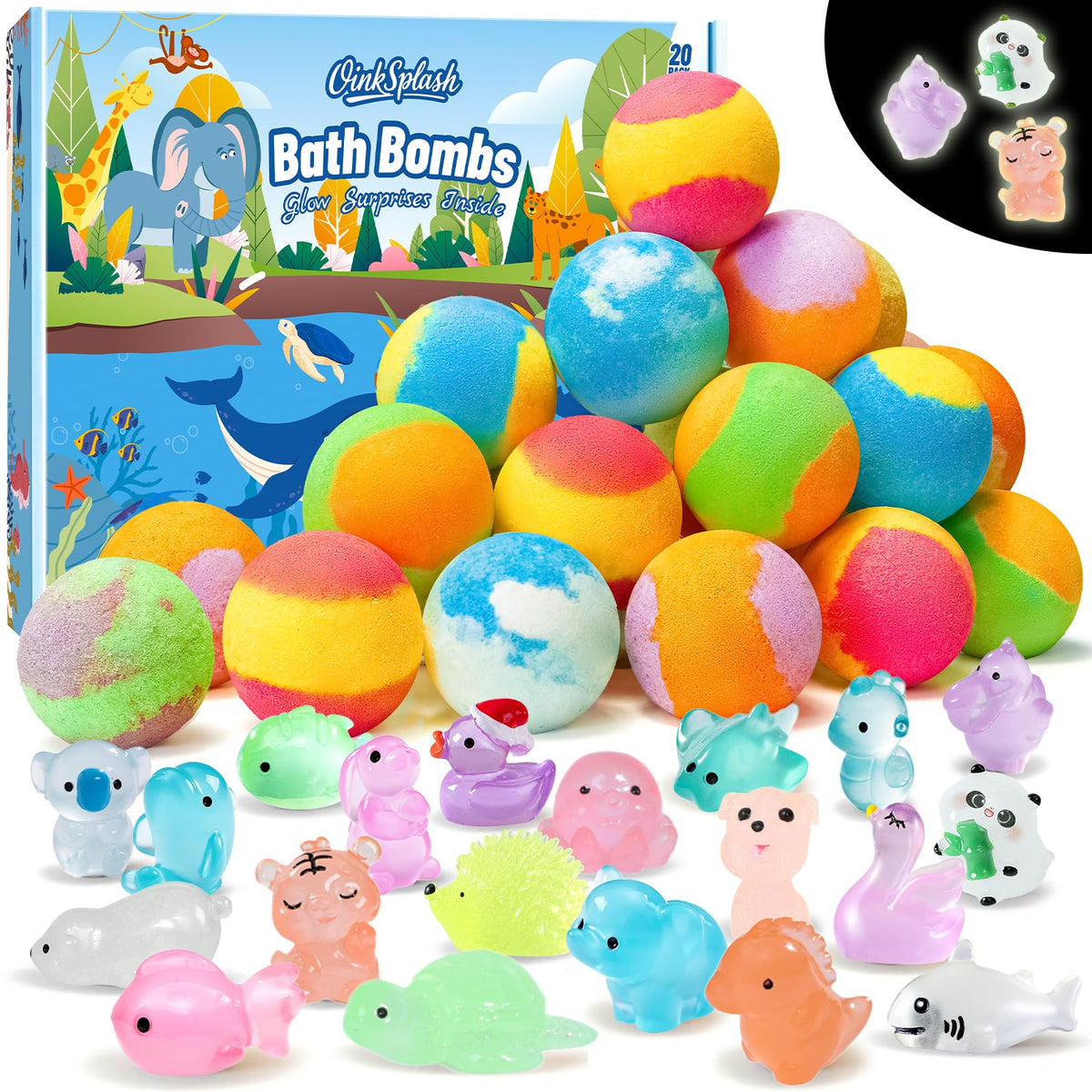 20 Pack Organic Bath Bombs for Kids with Glow-in-The-Dark Toys Inside