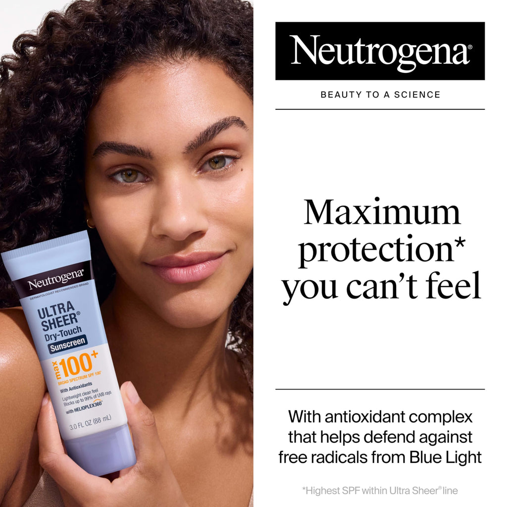 Buy now Neutrogena Ultra Sheer Dry-Touch Sunscreen Lotion, Max 100+ Broad Spectrum SPF 100 UVA/UVB Protection, Lightweight, Non-Greasy Sunscreen, Oxybenzone-Free, Antioxidant, Travel Size, 3 fl oz at indiglob india