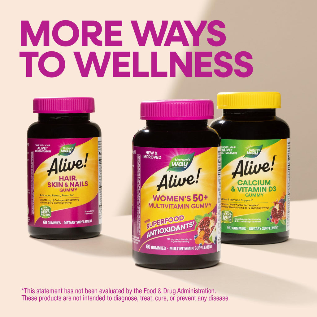 Nature's Way Alive! Women's 50+ Multivitamin Gummies, Mixed Berry, 130 ct | Daily Gummy Multi with B-Vitamins, Vitamin D3 & Calcium to Support Heart, Brain, & Bone Health for Women 50 and Older*