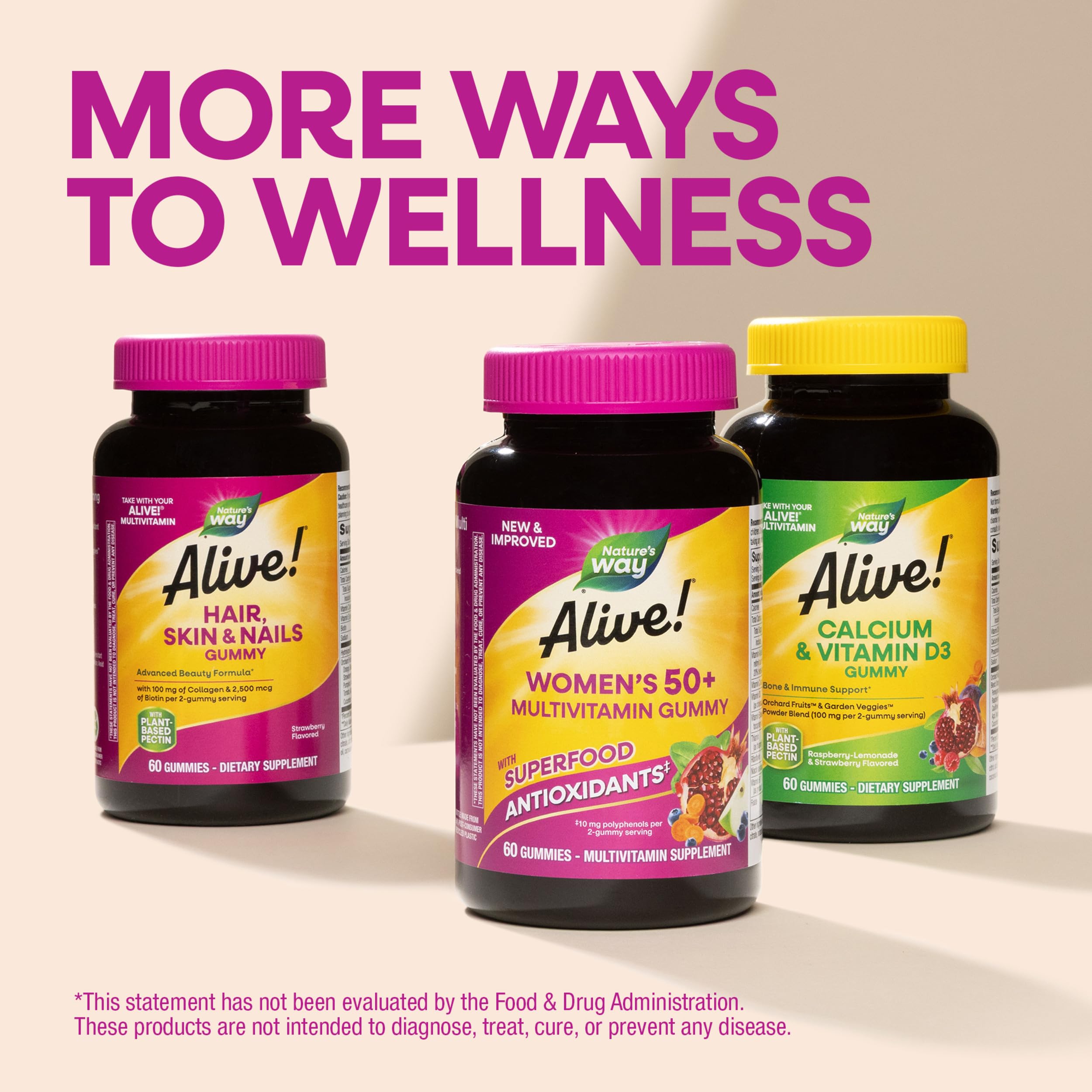 Nature's Way Alive! Women's 50+ Multivitamin Gummies, Mixed Berry, 130 ct | Daily Gummy Multi with B-Vitamins, Vitamin D3 & Calcium to Support Heart, Brain, & Bone Health for Women 50 and Older*