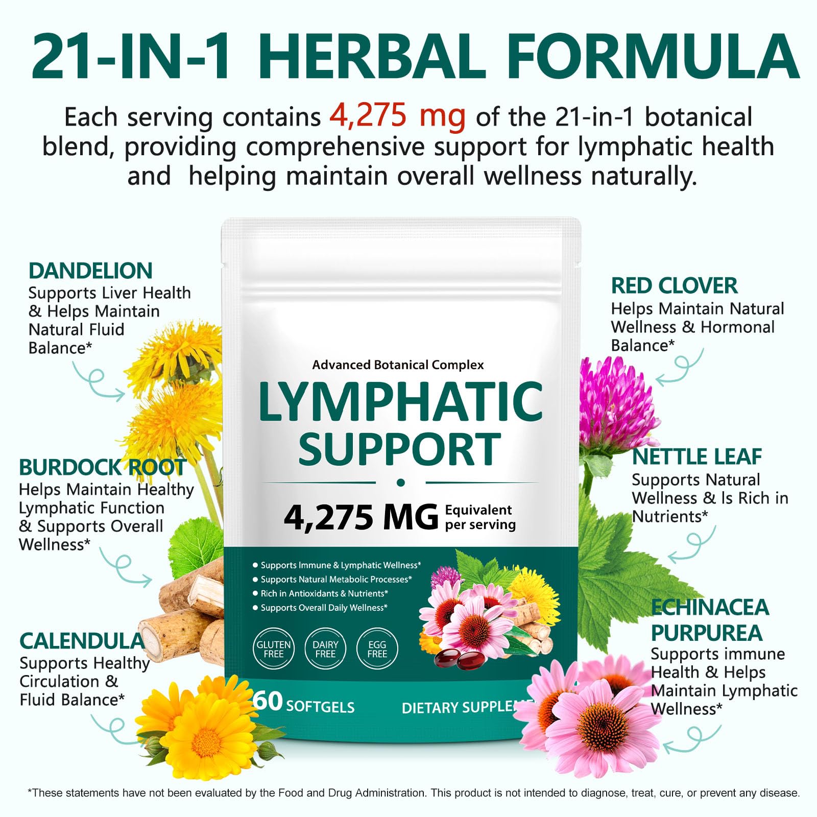 FANSHI Lymphatic Drainage Supplements 60 Softgels | Herbal Blend with Echinacea, Dandelion & Burdock Root | Promotes Healthy Circulation & Fluid Balance | Supports Overall Daily Wellness