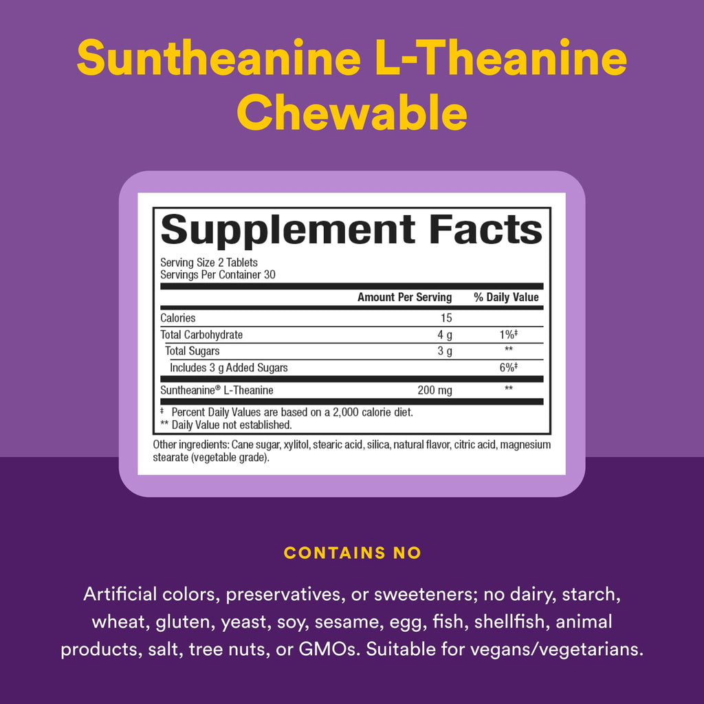 Natural Factors Suntheanine L-Theanine 100 mg - Health Supplement for Calm Outlook - L-Theanine Supplement Supports Relaxing Sleep & Aids Against Drowsiness - 60 Chewable Tablets (30 Servings)