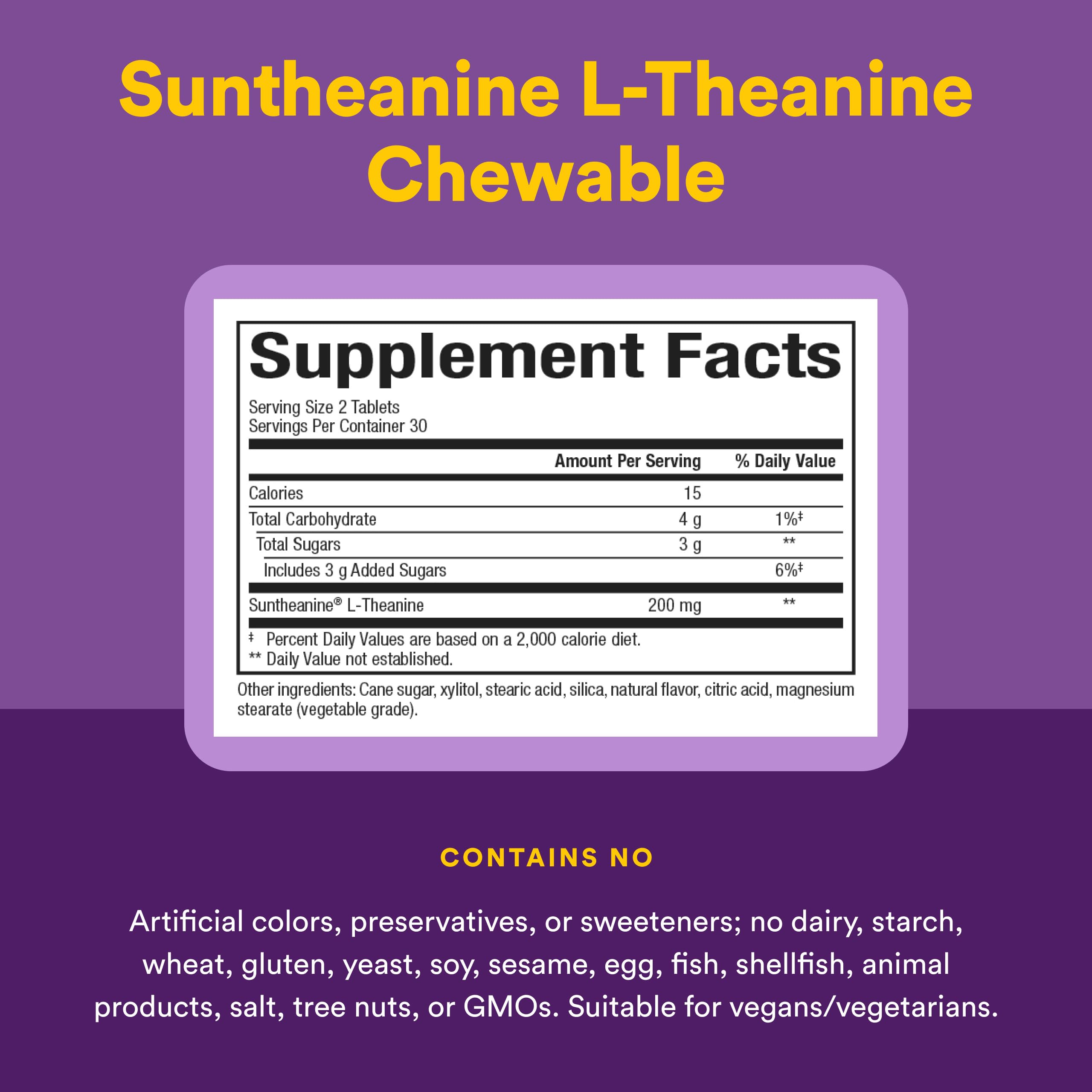 Natural Factors Suntheanine L-Theanine 100 mg - Health Supplement for Calm Outlook - L-Theanine Supplement Supports Relaxing Sleep & Aids Against Drowsiness - 60 Chewable Tablets (30 Servings)