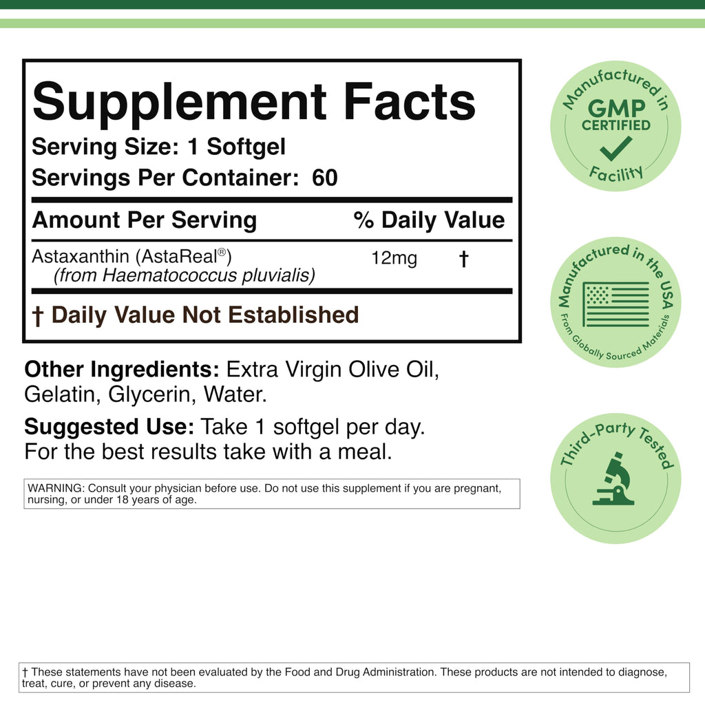 Astaxanthin 12mg Softgels, AstaReal, Eye, Skin + Joint Support, 60 Softgels | Eye, Skin + Joint Supplement, Patented AstaReal, 70+ Human Trials, Dry-Eye + Skin Glow Support, Grown in USA
