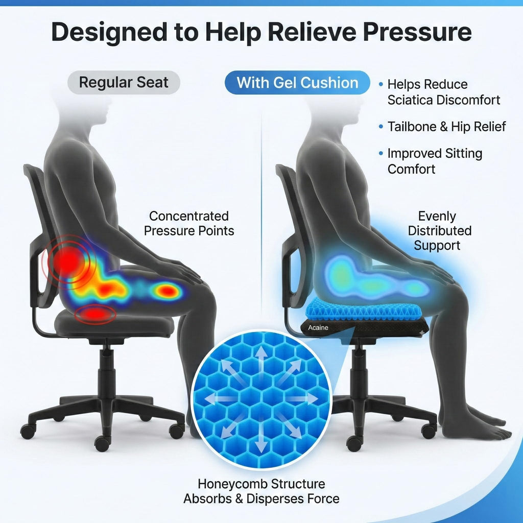 Extra Thick Large Pure Gel Seat Cushion for Long Sitting, Breathable Comfort Cushion for Back, Sciatica, Tailbone & Hip Pain Relief, Washable Portable Cushion for Office Chair, Car, Wheelchair