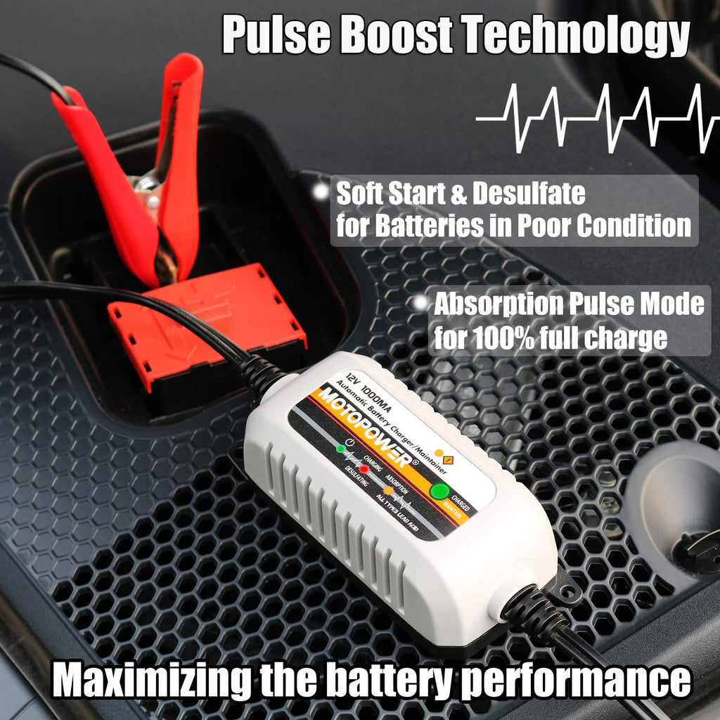 Buy now MOTOPOWER MP00205B 12V 1000mA Automatic Battery Charger, Battery Maintainer, Trickle Charger, and Battery Desulfator with Timer Protection - Grey at indiglob india