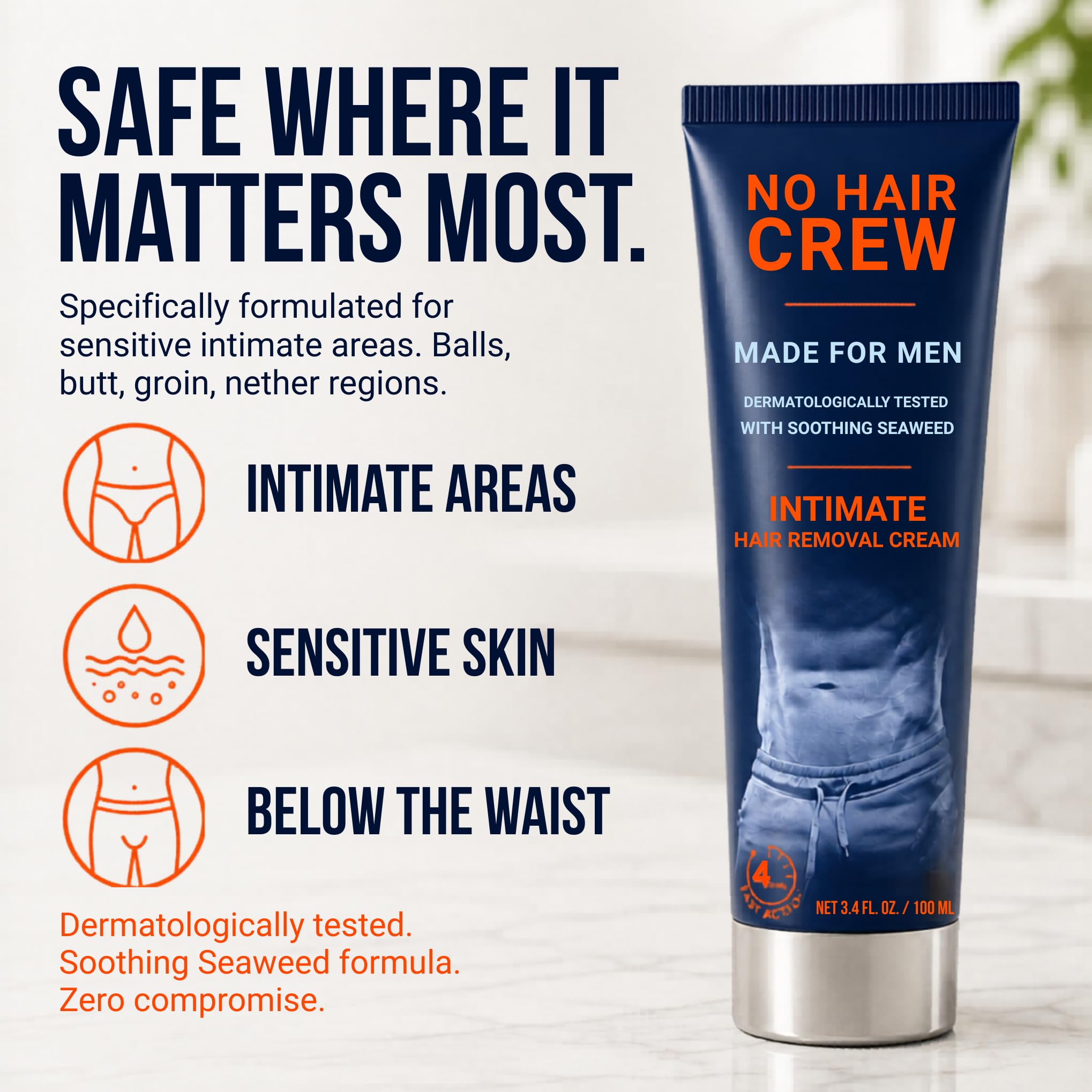 No Hair Crew Intimate/Private At Home Hair Removal Cream for Men - Painless, Flawless, Soothing Depilatory for Unwanted Coarse Male Body Hair, 100ml