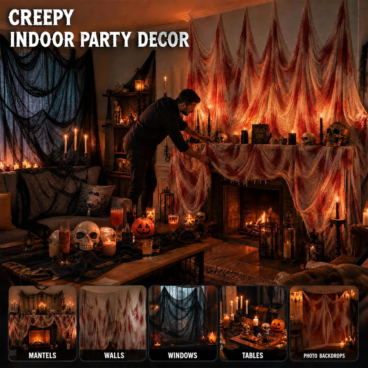 6Pcs Halloween Creepy Cloth 30×72inch, Scary Halloween Fabric Gauze, 2Pcs Blood 4Pcs Black Creepy Cloth for Yard, Doorway, Haunted House Party