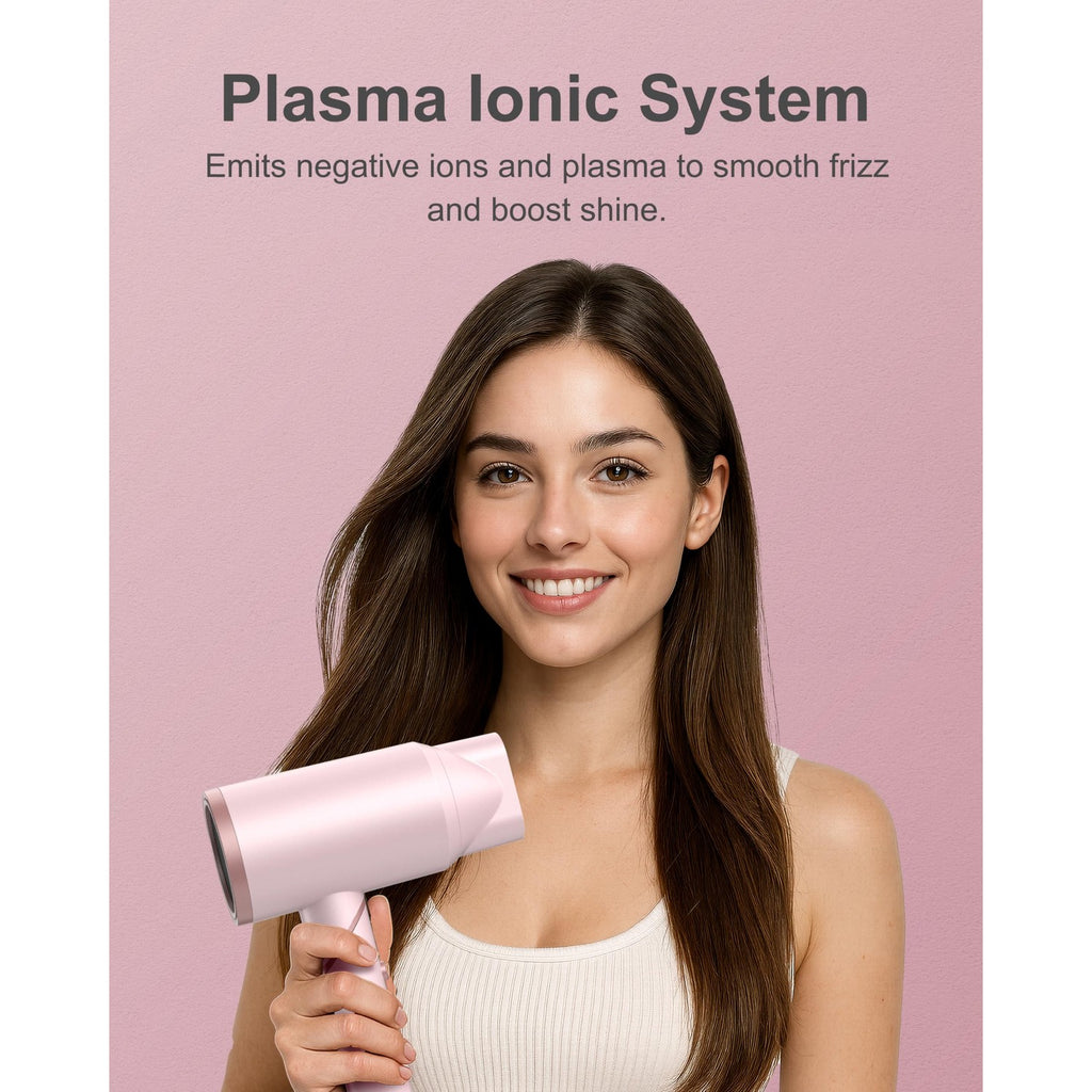 ANNLARY Hair Dryer with Comb, ANNLARY 1800W Blow Dryer with Diffuser for Curly Hair, Plasma Ionic Hair Dryer for Frizz Control, Foldable Portable Low Noise Hairdryer, 6.5 ft ALCI Cord （Pink）