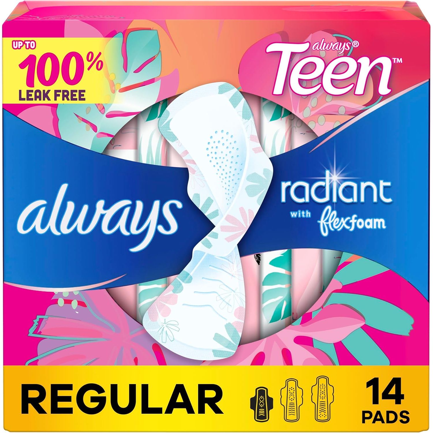 Buy now Always Radiant Teen Pads, Size 1, Regular, with Wings, Unscented, 14 Count at indiglob india