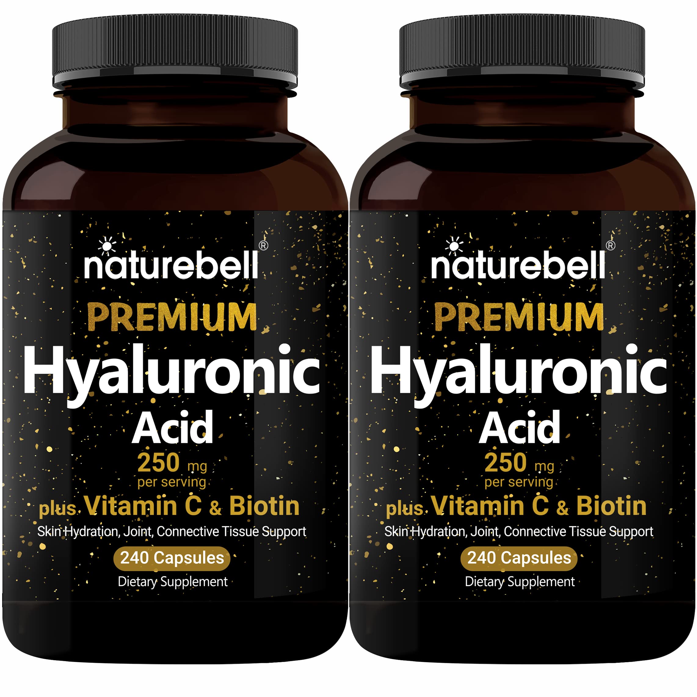 NatureBell Hyaluronic Acid 250mg - 240 Capsules - 250mg Hyaluronic Acid for Skin* - 5000mcg Biotin for Hair Growth* - 25 mg Vitamin C - Supports Bone, Eye & Joint Health*