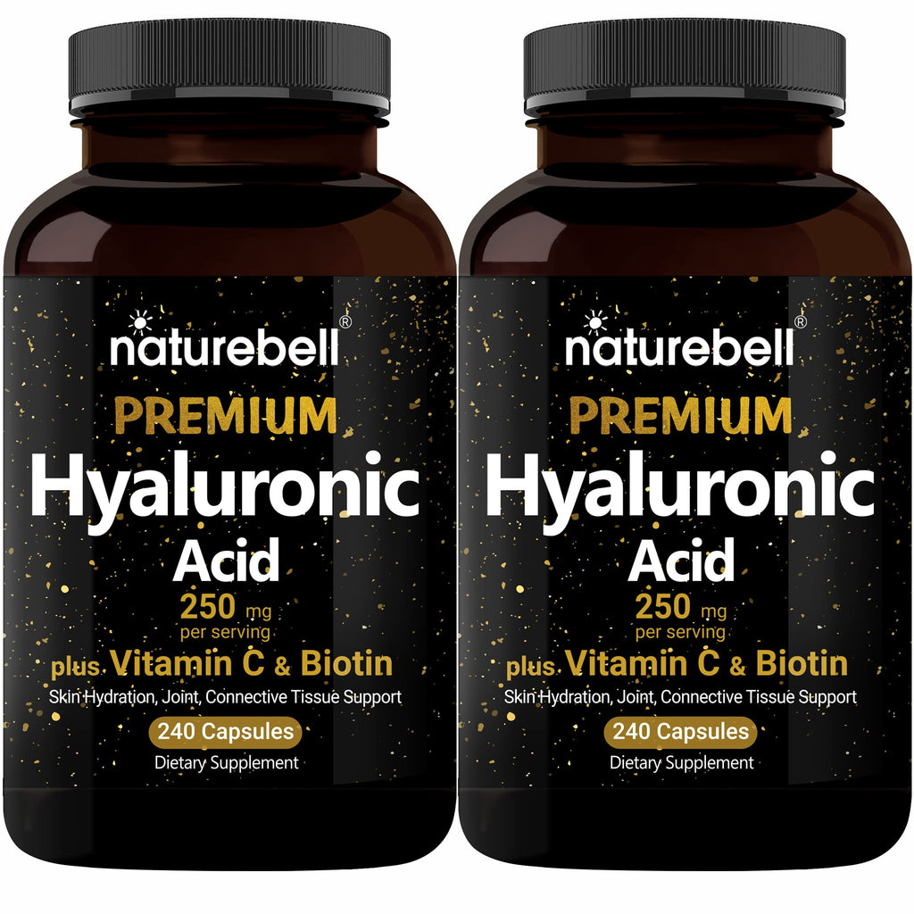 NatureBell Hyaluronic Acid 250mg - 240 Capsules - 250mg Hyaluronic Acid for Skin* - 5000mcg Biotin for Hair Growth* - 25 mg Vitamin C - Supports Bone, Eye & Joint Health*