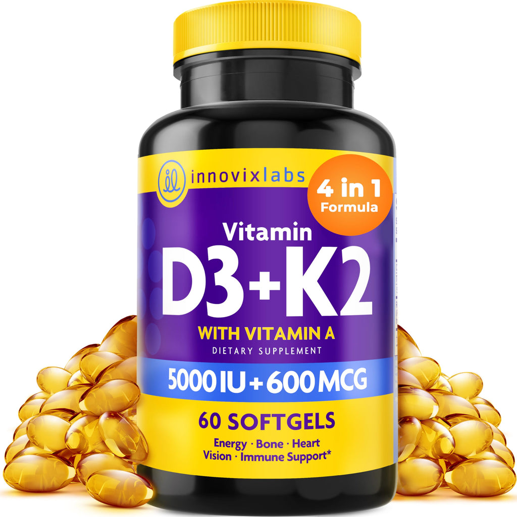InnovixLabs D3 K2 Vitamin 5000 IU Supplement with Vitamin A (60 Softgels) (Pack of 2)