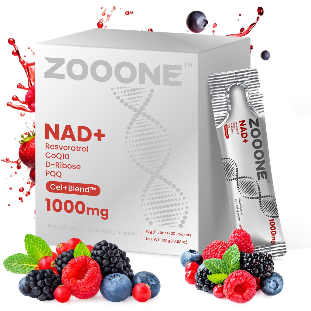 zooone NAD+ Liquid Packets 1000mg, NMN Supplement Alternative with Aging-Supportive Resveratrol, CoQ10, D-Ribose & PQQ for Cellular Energy, 30 On-The-Go Single Serve Packets